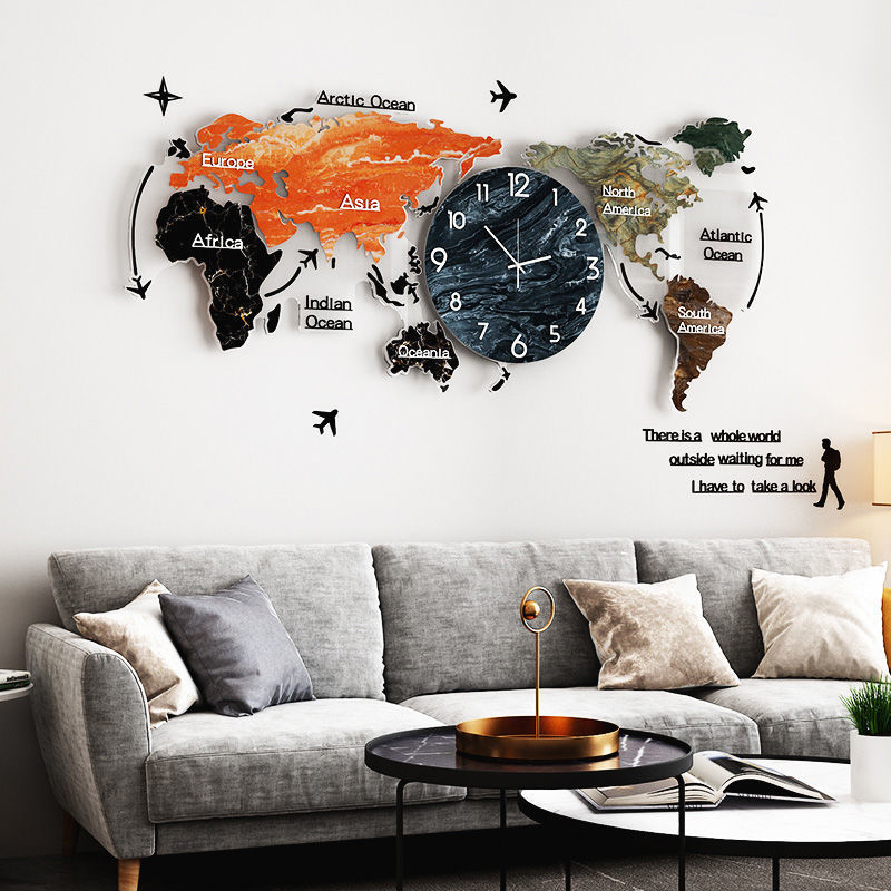 Luxury World Map Wall Clock — Modern Living Room Decor